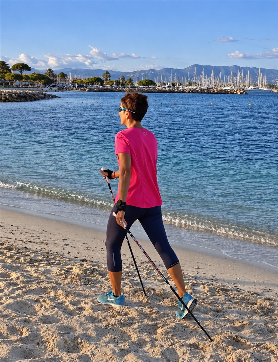Odile Judice, entraîneur diplômée d'État et coach de marche nordique, en séance sur une plage en bord de mer, bâtons en main, Var, Côte d'Azur.