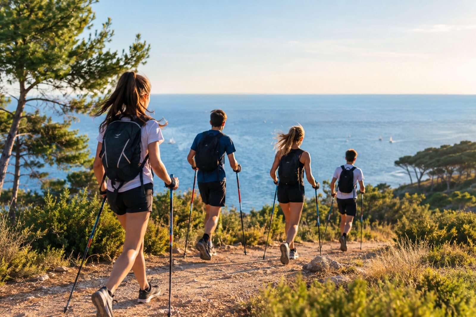 Groupe de jeunes marcheurs nordiques avec bâtons sur un sentier en bord de mer, vue sur la Méditerranée entre les pins, balade et sport de plein air dans le sud de la France.